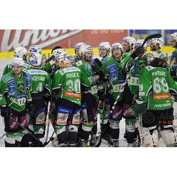 Olimpija players celebrate goal in overtime at the Ice hockey game Tilia Olimpija - Acroni Jesenice 3rd game played in the final of the slovenian ice hockey league ,Ljubljana, 26.03.2010, 