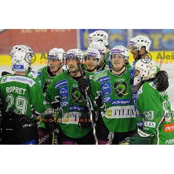 Olimpija players celebrate goal in overtime at the Ice hockey game Tilia Olimpija - Acroni Jesenice 3rd game played in the final of the slovenian ice hockey league ,Ljubljana, 26.03.2010, 