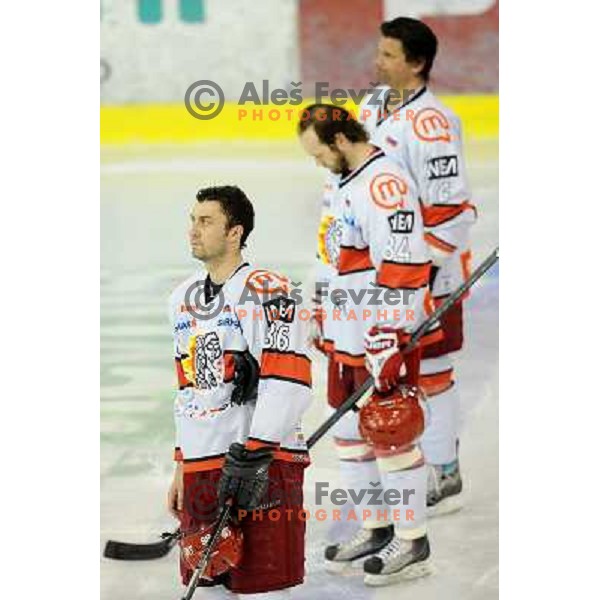 Sabahudin Kovacevic, Andrej Hebar, Todd Elik at the Ice hockey game Tilia Olimpija - Acroni Jesenice 3rd game played in the final of the slovenian ice hockey league ,Ljubljana, 26.03.2010, 