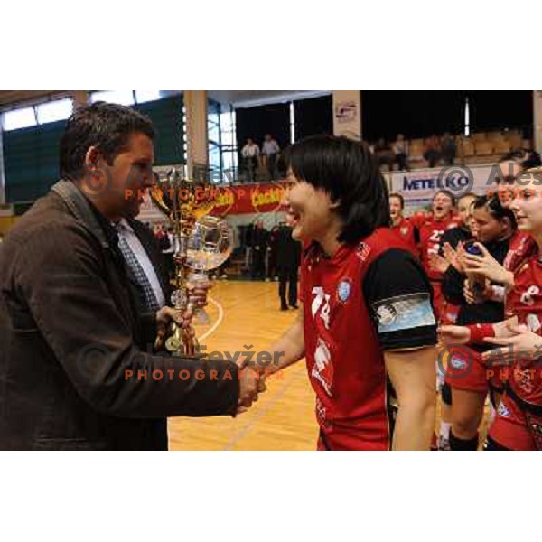 Tomaz Jersic, Ljudmila Bodnieva at the handball game Krim - Olimpija played in the final of the slovenian womens handball cup ,Novo Mesto, 28.03.2010, 