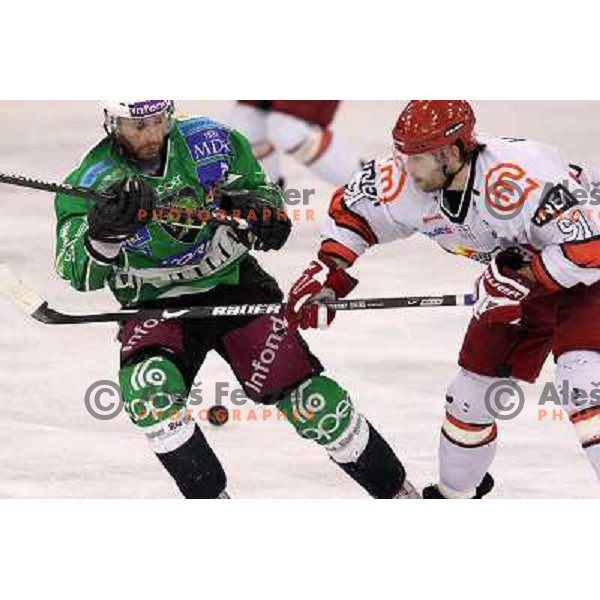 Matej Hocevar, Hafner in action during ice-hockey match Tilia Olimpija- Acroni Jesenice in sixth game of Final of Slovenian hockey league, played in Hala Tivoli, Ljubljana, Slovenia 2.4.2010. 
