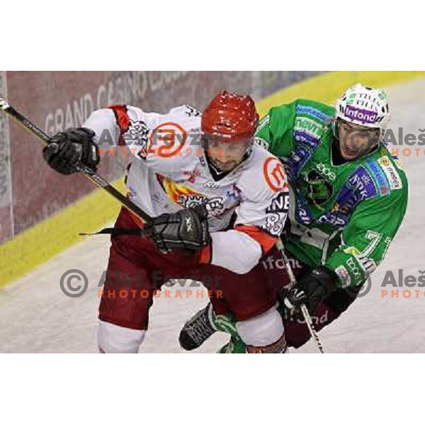 Sebahudin Kovacevic and Bostjan Golicic in action during ice-hockey match Tilia Olimpija- Acroni Jesenice in sixth game of Final of Slovenian hockey league, played in Hala Tivoli, Ljubljana, Slovenia 2.4.2010. 