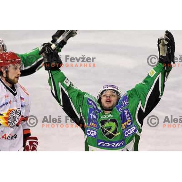 Bostjan Golicic celebrates goal during ice-hockey match Tilia Olimpija- Acroni Jesenice in sixth game of Final of Slovenian hockey league, played in Hala Tivoli, Ljubljana, Slovenia 2.4.2010. 