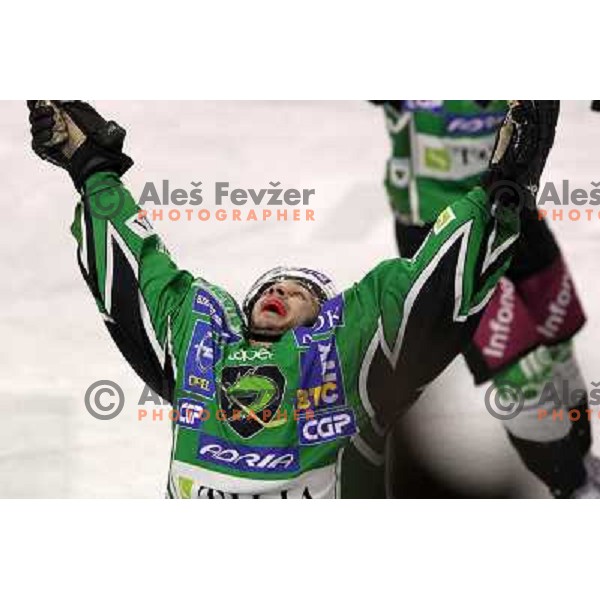 Bostjan Golicic celebrates goal during ice-hockey match Tilia Olimpija- Acroni Jesenice in sixth game of Final of Slovenian hockey league, played in Hala Tivoli, Ljubljana, Slovenia 2.4.2010. 