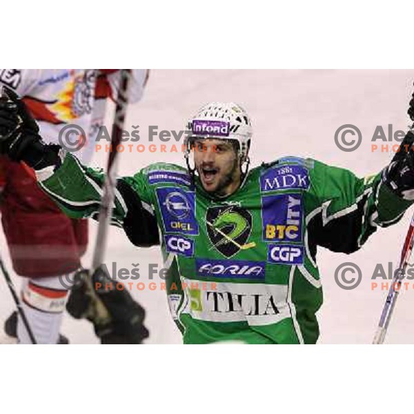 Jurij Golicic celebrates goal during ice-hockey match Tilia Olimpija- Acroni Jesenice in sixth game of Final of Slovenian hockey league, played in Hala Tivoli, Ljubljana, Slovenia 2.4.2010. 