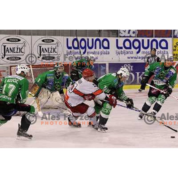 Jurij Golicic,Ales Sila, Nejc Berlisk, Andrej Makrov, Ziga Pance in action during ice-hockey match Tilia Olimpija- Acroni Jesenice in sixth game of Final of Slovenian hockey league, played in Hala Tivoli, Ljubljana, Slovenia 2.4.2010. 