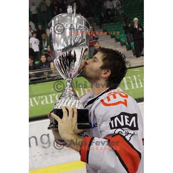 Tom Hafner with National ice hockey league Cup , after ice hoceky match between Tilia Olimpija and Acroni Jesenice, played in Hala Tivoli, Ljubljana, Slovenia 2.4.2010. Acroni Jesenice won the series 4:2 and became Slovenian Champions 