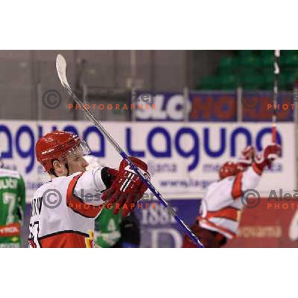 Andrei Makrov celebrates National ice hockey title after sixth game of Final of Slovenian hockey league between Tilia Olimpija and Acroni Jesenice, played in Hala Tivoli, Ljubljana, Slovenia 2.4.2010. Acroni Jesenice won the series 4:2 and became Slovenia
