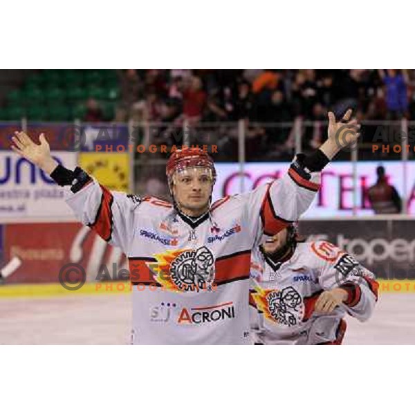 Andrei Makrov celebrates National ice hockey title after sixth game of Final of Slovenian hockey league between Tilia Olimpija and Acroni Jesenice, played in Hala Tivoli, Ljubljana, Slovenia 2.4.2010. Acroni Jesenice won the series 4:2 and became Slovenia