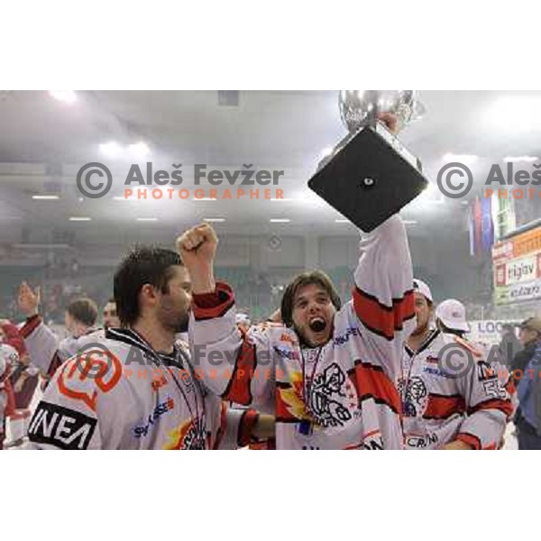 Ziga Jeglic, Tom Hafner celebrate National ice hockey title after sixth game of Final of Slovenian hockey league between Tilia Olimpija and Acroni Jesenice, played in Hala Tivoli, Ljubljana, Slovenia 2.4.2010. Acroni Jesenice won the series 4:2 and became