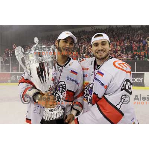 Robbins and Dov Grumet-Morris celebrate National ice hockey title after sixth game of Final of Slovenian hockey league between Tilia Olimpija and Acroni Jesenice, played in Hala Tivoli, Ljubljana, Slovenia 2.4.2010. Acroni Jesenice won the series 4:2 and 