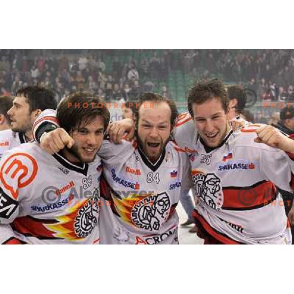 Jeglic, Andrej Hebar, Sabolic celebrate National ice hockey title after sixth game of Final of Slovenian hockey league between Tilia Olimpija and Acroni Jesenice, played in Hala Tivoli, Ljubljana, Slovenia 2.4.2010. Acroni Jesenice won the series 4:2 and 