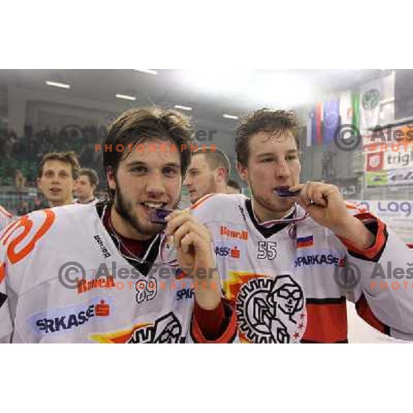 Ziga Jeglic, Sabolic celebrate National ice hockey title after sixth game of Final of Slovenian hockey league between Tilia Olimpija and Acroni Jesenice, played in Hala Tivoli, Ljubljana, Slovenia 2.4.2010. Acroni Jesenice won the series 4:2 and became Sl