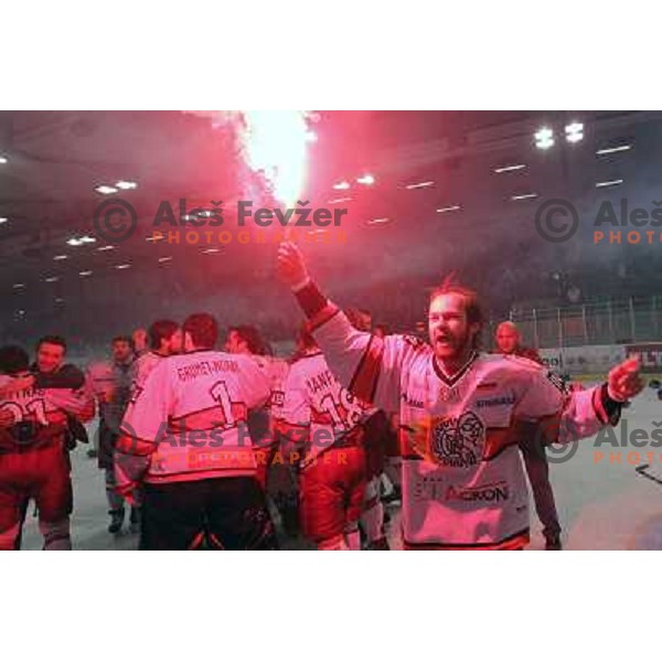 Andrej Hebar celebrates National ice hockey title after sixth game of Final of Slovenian hockey league between Tilia Olimpija and Acroni Jesenice, played in Hala Tivoli, Ljubljana, Slovenia 2.4.2010. Acroni Jesenice won the series 4:2 and became Slovenian