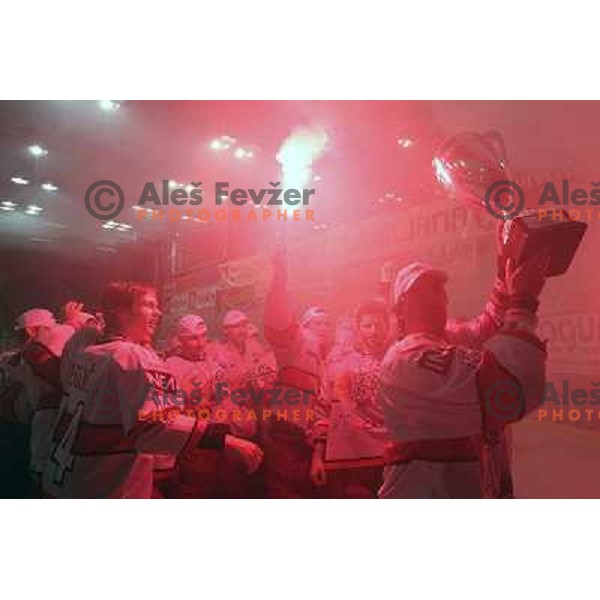  Acroni Jesenice players celebrate National ice hockey title after sixth game of Final of Slovenian hockey league between Tilia Olimpija and Acroni Jesenice, played in Hala Tivoli, Ljubljana, Slovenia 2.4.2010. Acroni Jesenice won the series 4:2 and beca