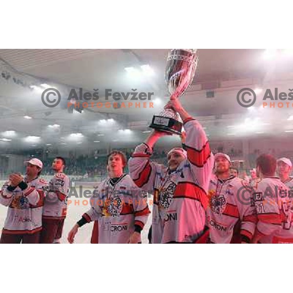 Miha Rebolj with National ice hockey league Cup , after ice hoceky match between Tilia Olimpija and Acroni Jesenice, played in Hala Tivoli, Ljubljana, Slovenia 2.4.2010. Acroni Jesenice won the series 4:2 and became Slovenian Champions 