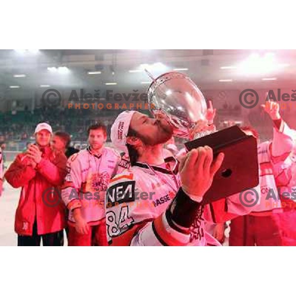 Andrej Hebar celebrates National ice hockey title after sixth game of Final of Slovenian hockey league between Tilia Olimpija and Acroni Jesenice, played in Hala Tivoli, Ljubljana, Slovenia 2.4.2010. Acroni Jesenice won the series 4:2 and became Slovenian