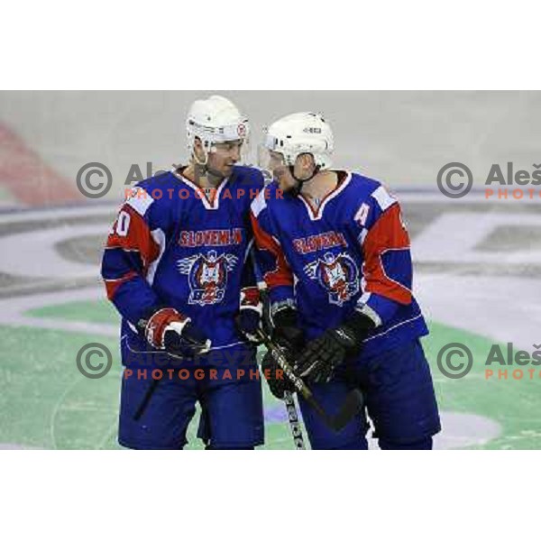 Sabahudin Kovacevic, Andrej Hebar at the ice hockey game Slovenia - Croatia, played in the IIHF World Championship,Divison 1, Group B, Ljubljana, 18.04.2010, Slovenia won 10:1 