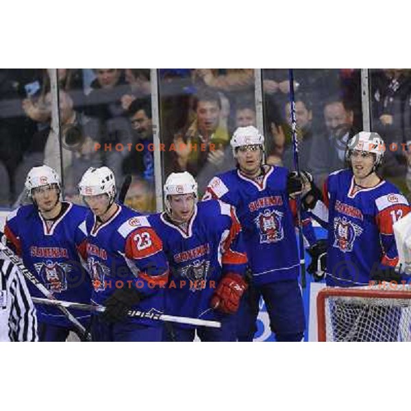 Luka Vidmar, Jan Mursak, Marcel Rodman, David Rodman at the ice hockey game Slovenia - Croatia, played in the IIHF World Championship,Divison 1, Group B, Ljubljana, 18.04.2010, Slovenia won 10:1 