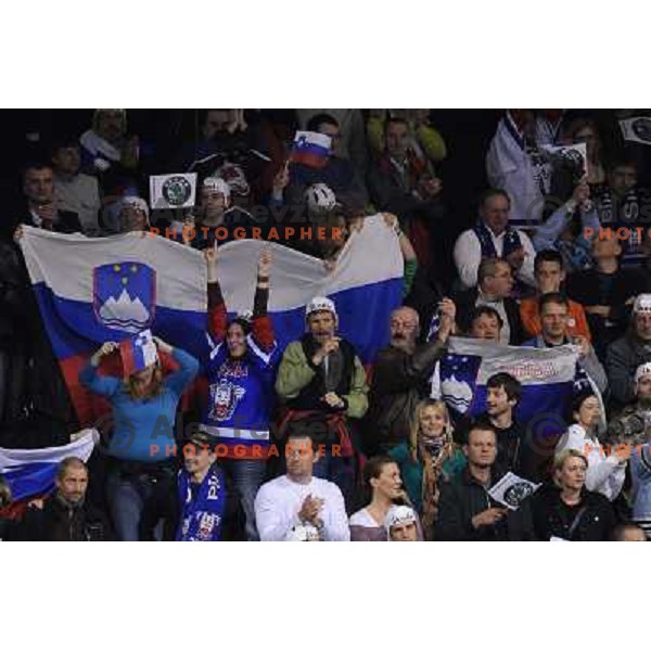 Slovenian fans at the ice hockey game Slovenia - Croatia, played in the IIHF World Championship,Divison 1, Group B, Ljubljana, 18.04.2010, Slovenia won 10:1 