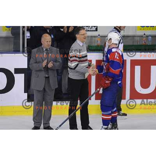 Jan Urbas, minister Igor Luksic at the ice hockey game Slovenia - Croatia, played in the IIHF World Championship,Divison 1, Group B, Ljubljana, 18.04.2010, Slovenia won 10:1 
