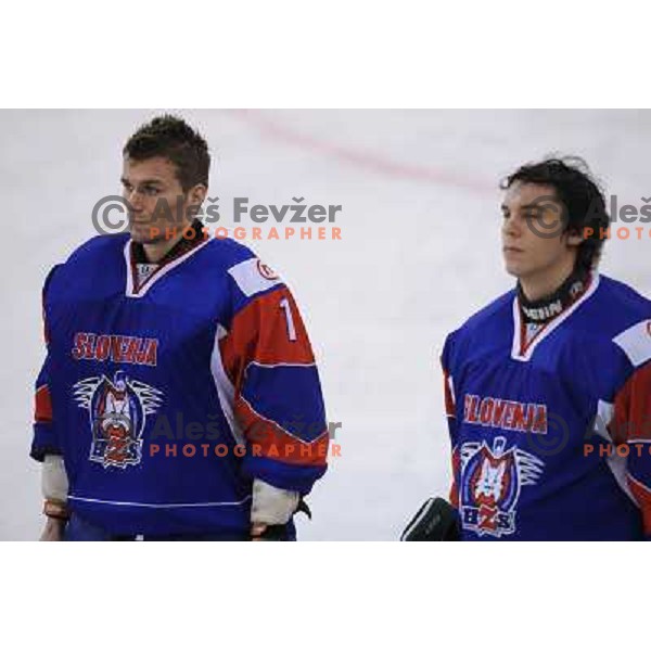 Andrej Hocevar, Ales Sila at the ice hockey game Slovenia - Croatia, played in the IIHF World Championship,Divison 1, Group B, Ljubljana, 18.04.2010, Slovenia won 10:1 