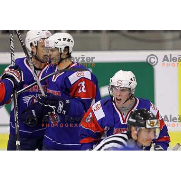 Rok Ticar celebrates victory during ice-hockey match Slovenia- Great Britain in IIHF World Championship Divison 1 group B, played in Hala Tivoli, Ljubljana, Slovenia 20.4.2010 