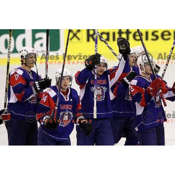 Ziga Pavlin, Rok Ticar, Bostjan Golicic, Jan Mursak celebrate victory during ice-hockey match Slovenia- Great Britain in IIHF World Championship Divison 1 group B, played in Hala Tivoli, Ljubljana, Slovenia 20.4.2010 