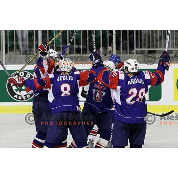Ziga Jeglic, Ales Kranjc celebrate victory during ice-hockey match Slovenia- Great Britain in IIHF World Championship Divison 1 group B, played in Hala Tivoli, Ljubljana, Slovenia 20.4.2010 