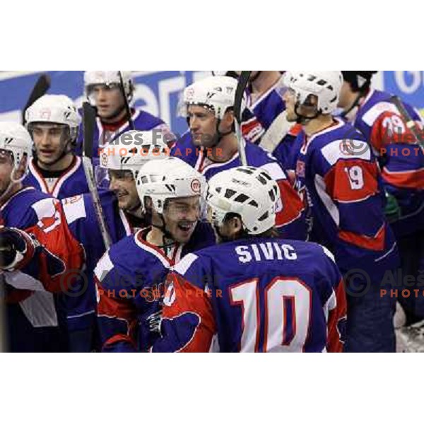 Slovenia players celebrate victory during ice-hockey match Slovenia- Great Britain in IIHF World Championship Divison 1 group B, played in Hala Tivoli, Ljubljana, Slovenia 20.4.2010 