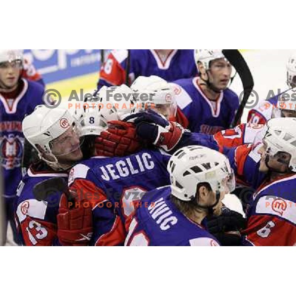 Mursak, Sivic, Jeglic, Pretnar celebrate victory during ice-hockey match Slovenia- Great Britain in IIHF World Championship Divison 1 group B, played in Hala Tivoli, Ljubljana, Slovenia 20.4.2010 