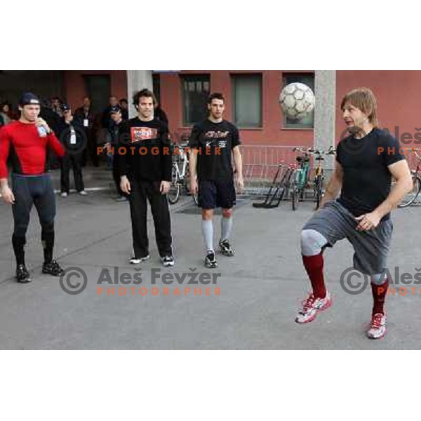 Andrej Hebar,David Rodman ,Ziga Pance and Mitja Sivic during warm-up football action before ice-hockey match Slovenia- Great Britain in IIHF World Championship Divison 1 group B, played in Hala Tivoli, Ljubljana, Slovenia 20.4.2010 