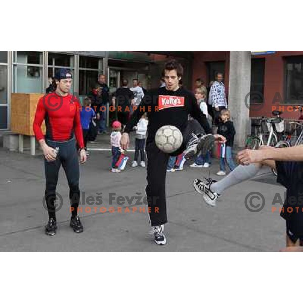 Andrej Hebar and David Rodman during warm-up football action before ice-hockey match Slovenia- Great Britain in IIHF World Championship Divison 1 group B, played in Hala Tivoli, Ljubljana, Slovenia 20.4.2010 