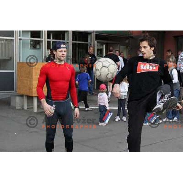 Andrej Hebar and David Rodman during warm-up football action before ice-hockey match Slovenia- Great Britain in IIHF World Championship Divison 1 group B, played in Hala Tivoli, Ljubljana, Slovenia 20.4.2010 