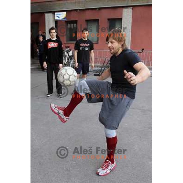 Mitja Sivic during warm-up football action before ice-hockey match Slovenia- Great Britain in IIHF World Championship Divison 1 group B, played in Hala Tivoli, Ljubljana, Slovenia 20.4.2010 