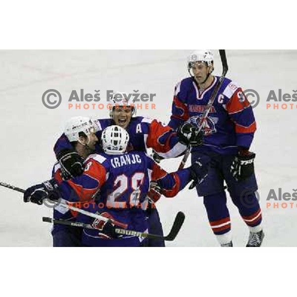 Kovacevic, Marcel Rodman, Kranjc, Razingar celebrate goal during ice-hockey match Slovenia-Hungary at IIHF World Championship-Div 1, group B, played in Hala Tivoli, Ljubljana, Slovenia 23.4.2010 