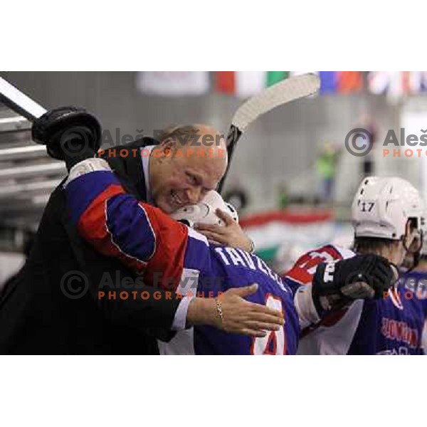 victory celebration of Slovenia team after gold medal ice-hockey match Slovenia-Hungary at IIHF World Championship-Div 1, group B, played in Hala Tivoli, Ljubljana, Slovenia 23.4.2010. Slovenia won 4-1 and took first place. 