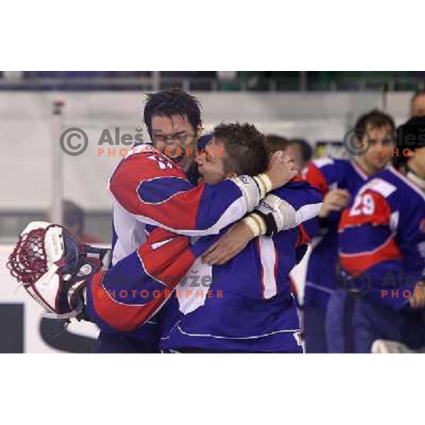 Ziga Pavlin and Andrej Hocevar during victory celebration of Slovenia team after gold medal ice-hockey match Slovenia-Hungary at IIHF World Championship-Div 1, group B, played in Hala Tivoli, Ljubljana, Slovenia 23.4.2010. Slovenia won 4-1 and took first