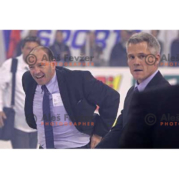 Dany Gelinas and John Harrington during victory celebration of Slovenia team after gold medal ice-hockey match Slovenia-Hungary at IIHF World Championship-Div 1, group B, played in Hala Tivoli, Ljubljana, Slovenia 23.4.2010. Slovenia won 4-1 and took firs