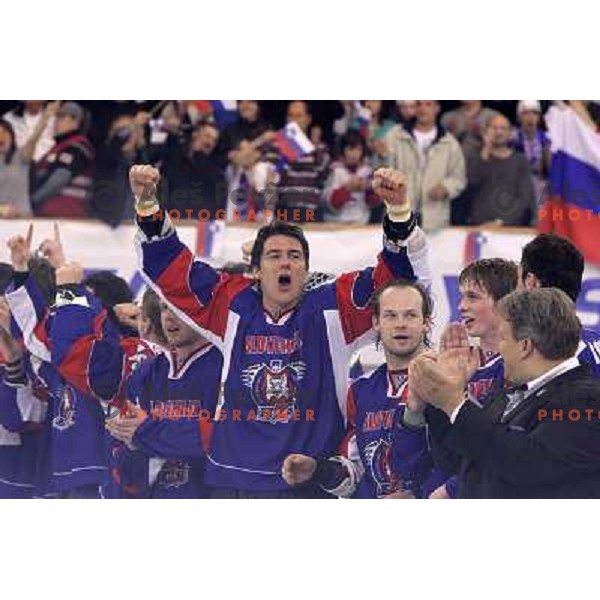 Ziga pavlin, Andrej Hebar, Ziga Jeglic during victory celebration of Slovenia team after gold medal ice-hockey match Slovenia-Hungary at IIHF World Championship-Div 1, group B, played in Hala Tivoli, Ljubljana, Slovenia 23.4.2010. Slovenia won 4-1 and too