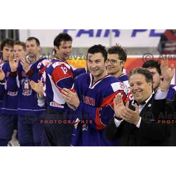 Sabahudin Kovacevic during victory celebration of Slovenia team after gold medal ice-hockey match Slovenia-Hungary at IIHF World Championship-Div 1, group B, played in Hala Tivoli, Ljubljana, Slovenia 23.4.2010. Slovenia won 4-1 and took first place. 