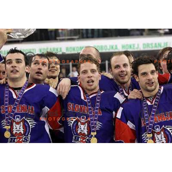 Razingar, Music, Mursak, Milovanovic during victory celebration of Slovenia team after gold medal ice-hockey match Slovenia-Hungary at IIHF World Championship-Div 1, group B, played in Hala Tivoli, Ljubljana, Slovenia 23.4.2010. Slovenia won 4-1 and took 