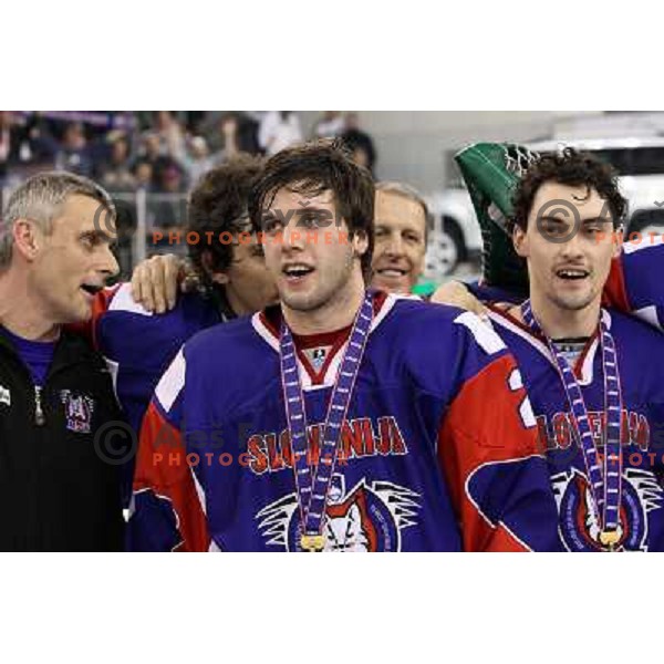 Rok Ticar during victory celebration of Slovenia team after gold medal ice-hockey match Slovenia-Hungary at IIHF World Championship-Div 1, group B, played in Hala Tivoli, Ljubljana, Slovenia 23.4.2010. Slovenia won 4-1 and took first place. 