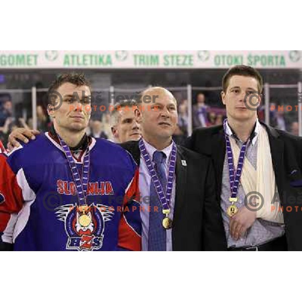Andrej Hocevar during victory celebration of Slovenia team after gold medal ice-hockey match Slovenia-Hungary at IIHF World Championship-Div 1, group B, played in Hala Tivoli, Ljubljana, Slovenia 23.4.2010. Slovenia won 4-1 and took first place. 