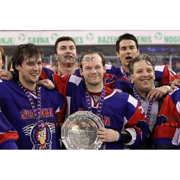 KOvacevic, Hebar, Pavlin, Stevic during victory celebration of Slovenia team after gold medal ice-hockey match Slovenia-Hungary at IIHF World Championship-Div 1, group B, played in Hala Tivoli, Ljubljana, Slovenia 23.4.2010. Slovenia won 4-1 and took firs