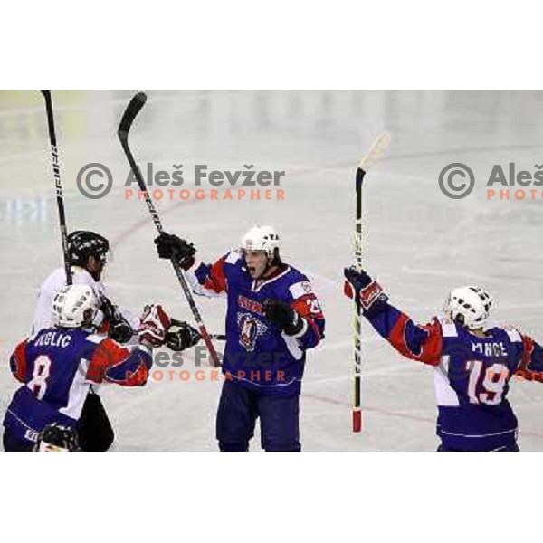 Jeglic, Ticar, Pance during victory celebration of Slovenia team after gold medal ice-hockey match Slovenia-Hungary at IIHF World Championship-Div 1, group B, played in Hala Tivoli, Ljubljana, Slovenia 23.4.2010. Slovenia won 4-1 and took first place. 