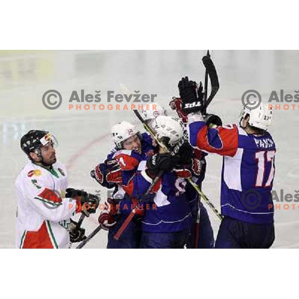 Pavlin, Jeglic, Ticar during victory celebration of Slovenia team after gold medal ice-hockey match Slovenia-Hungary at IIHF World Championship-Div 1, group B, played in Hala Tivoli, Ljubljana, Slovenia 23.4.2010. Slovenia won 4-1 and took first place. 