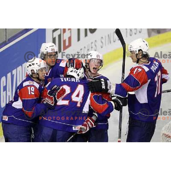 Pance, Kuznik, Jeglic, Ticar, Pavlin during victory celebration of Slovenia team after gold medal ice-hockey match Slovenia-Hungary at IIHF World Championship-Div 1, group B, played in Hala Tivoli, Ljubljana, Slovenia 23.4.2010. Slovenia won 4-1 and took 