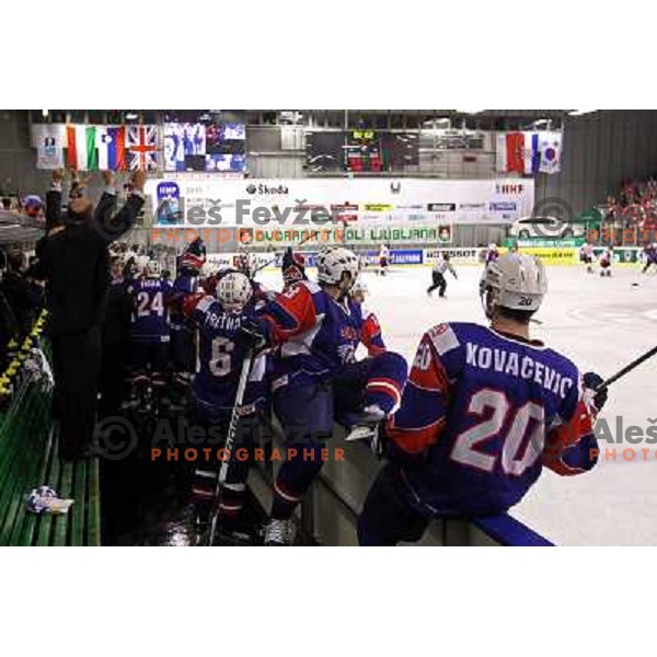 victory celebration of Slovenia team after gold medal ice-hockey match Slovenia-Hungary at IIHF World Championship-Div 1, group B, played in Hala Tivoli, Ljubljana, Slovenia 23.4.2010. Slovenia won 4-1 and took first place. 