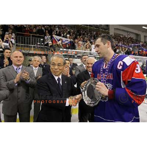 Tomaz Razingar during victory celebration of Slovenia team after gold medal ice-hockey match Slovenia-Hungary at IIHF World Championship-Div 1, group B, played in Hala Tivoli, Ljubljana, Slovenia 23.4.2010. Slovenia won 4-1 and took first place. 